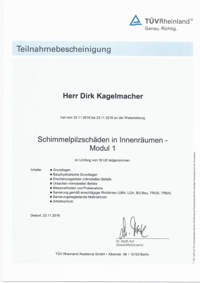 2016-Schimmelpilzsch&auml;den in Innenr&auml;umen - Modul 1-Teinahmebescheinigung