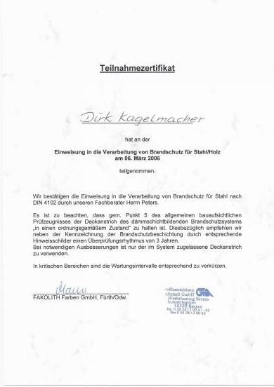 2006-Teilnahmezertifikat f&uuml;r Brandschutz